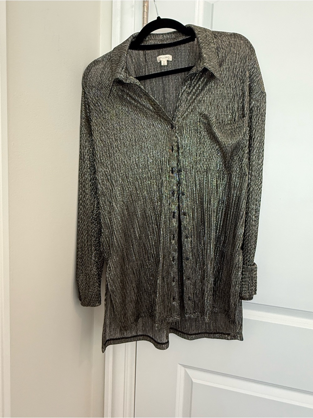 Pilcro Metallic Gray Button-Down Tunic Shirt